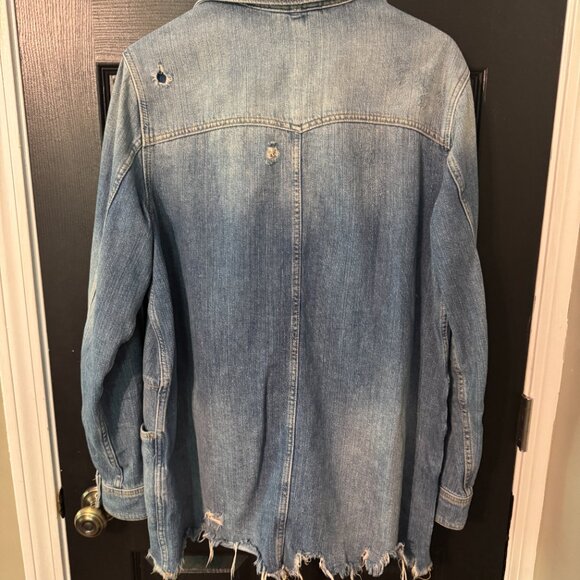 Free People Long Distressed Denim Button up Shirt Jacket Medium - Picture 4 of 4